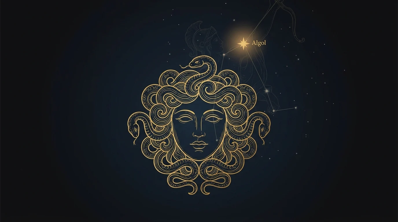 Altın yaldızlı oyma stilinde Medusa'nın kesik başı ve Algol yıldızı, Perseus takımyıldızı