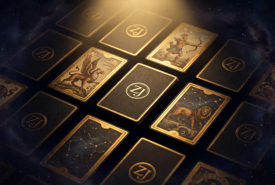 Altın çerçeveli illüstre tarot kartları yelpazesi, sırtlarında ZJ logosu, dramatik altın spot ışığı altında, Memory Deck hafıza oyunu
