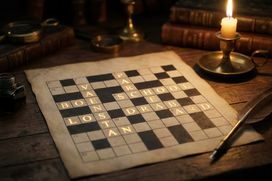 Kenetlenen altın kareler ve parlayan glif hücreler, void zeminde, Celestial Crossword çapraz bulmaca