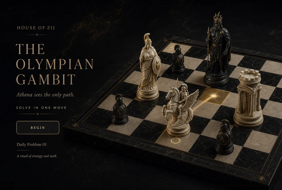 Mermer ve obsidyen mitolojik satranç taşlarıyla tek hamlede mat sahnesi, The Olympian Gambit