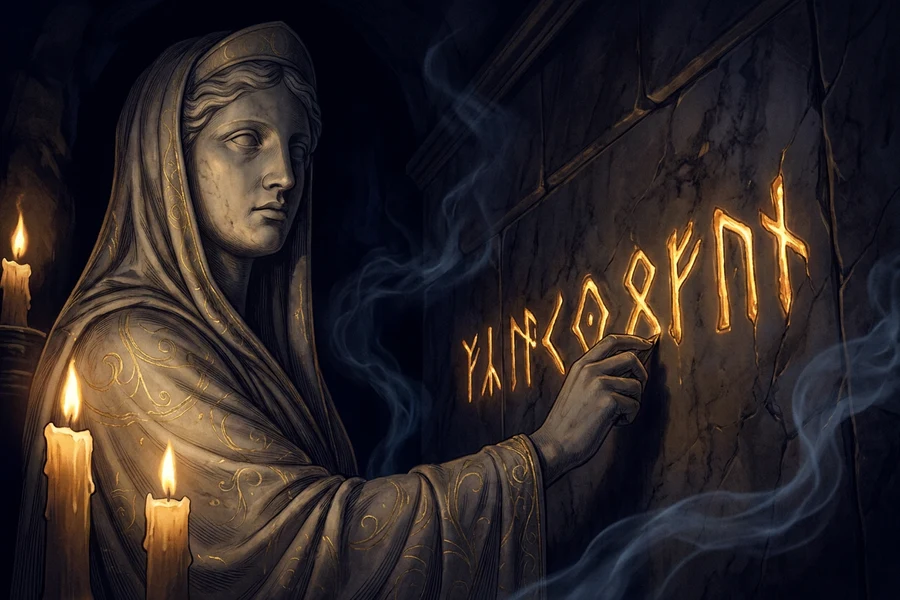 Perde ardından harf harf beliren bir kehanet ve uyanan bir oracle figürü, The Oracle Awakens kelime ritüeli