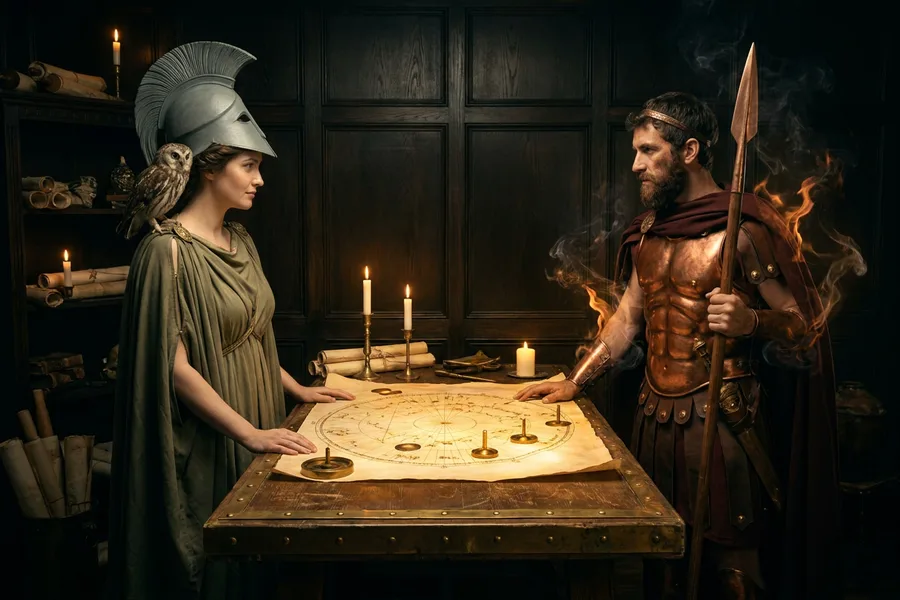 Athena ve Ares'in karşı karşıya geldiği, Rönesans haritası dokulu bir savaş tahtası, Tanrıların Kuşatması amiral battı