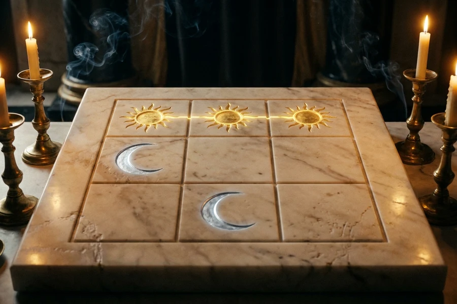 Mermer bir sunağa kazınmış üç üç ızgara, Güneş ve Ay mühürleri, Zij'in Mührü Tic-Tac-Toe ritüeli