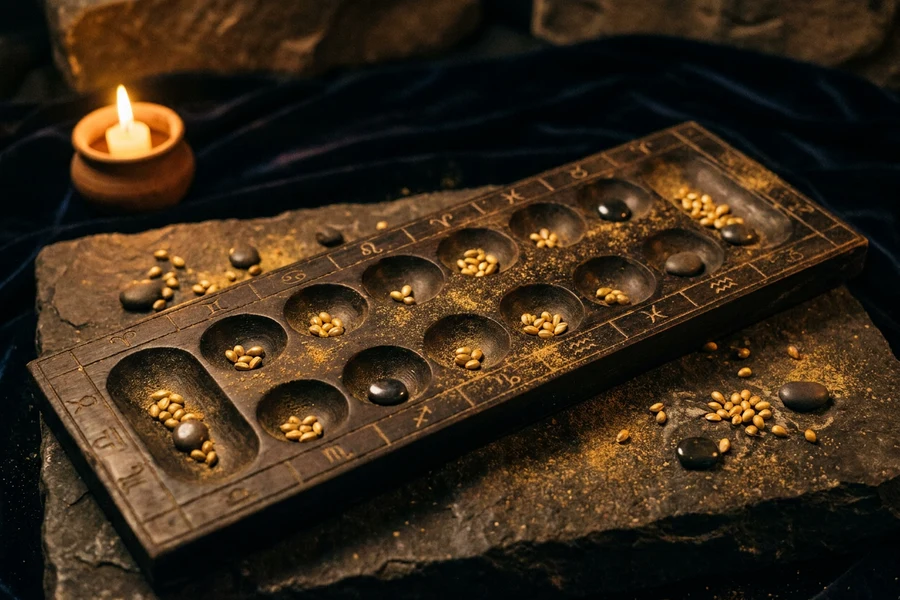 On iki astroloji evinde dolaşan altın astral tohumlar, eski bir mancala tahtası, Twelve Houses ritüeli