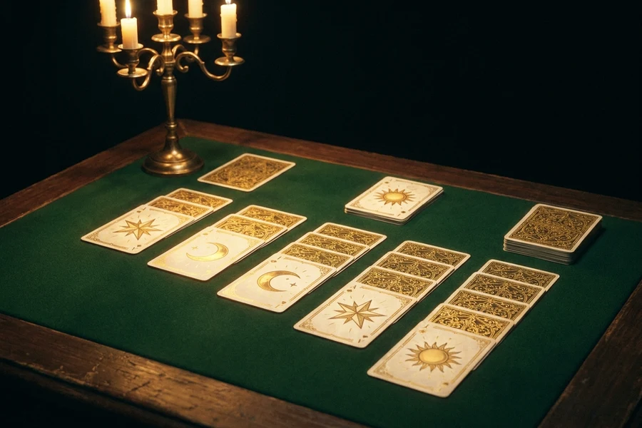 Altın çizgili açılmış bir iskambil yelpazesi, void zeminde, The Zij Deck solitaire