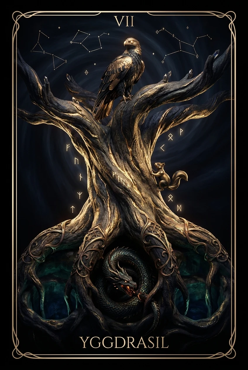 Yggdrasil, Kök-bağ, dokuz dünyanın taşıyıcısı