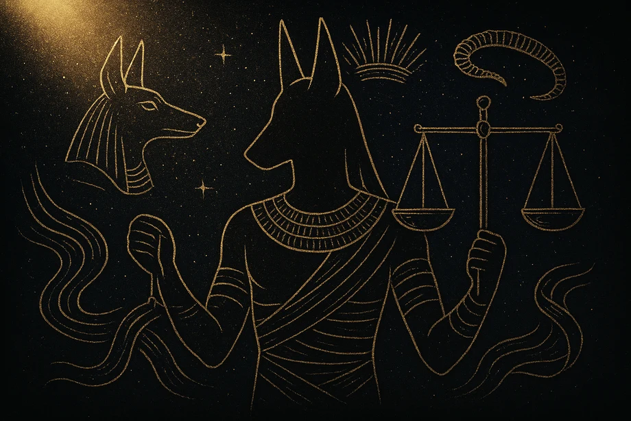 Anubis, Ölüm rehberi, mumyalama, terazi, alchemical engraving silüet