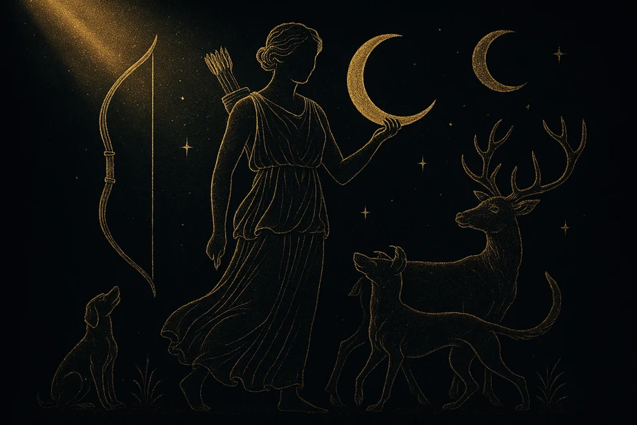 Artemis, Ay, av, bakirelik, vahşi doğa, alchemical engraving silüet