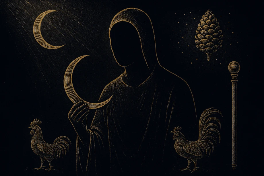 Mên, Ay, kader, dünya cetveli, alchemical engraving silüet