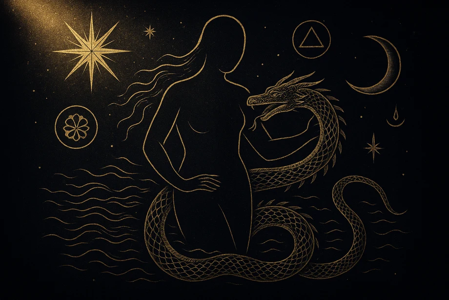 Tiamat, İlkel deniz, kaos, yaratım, alchemical engraving silüet