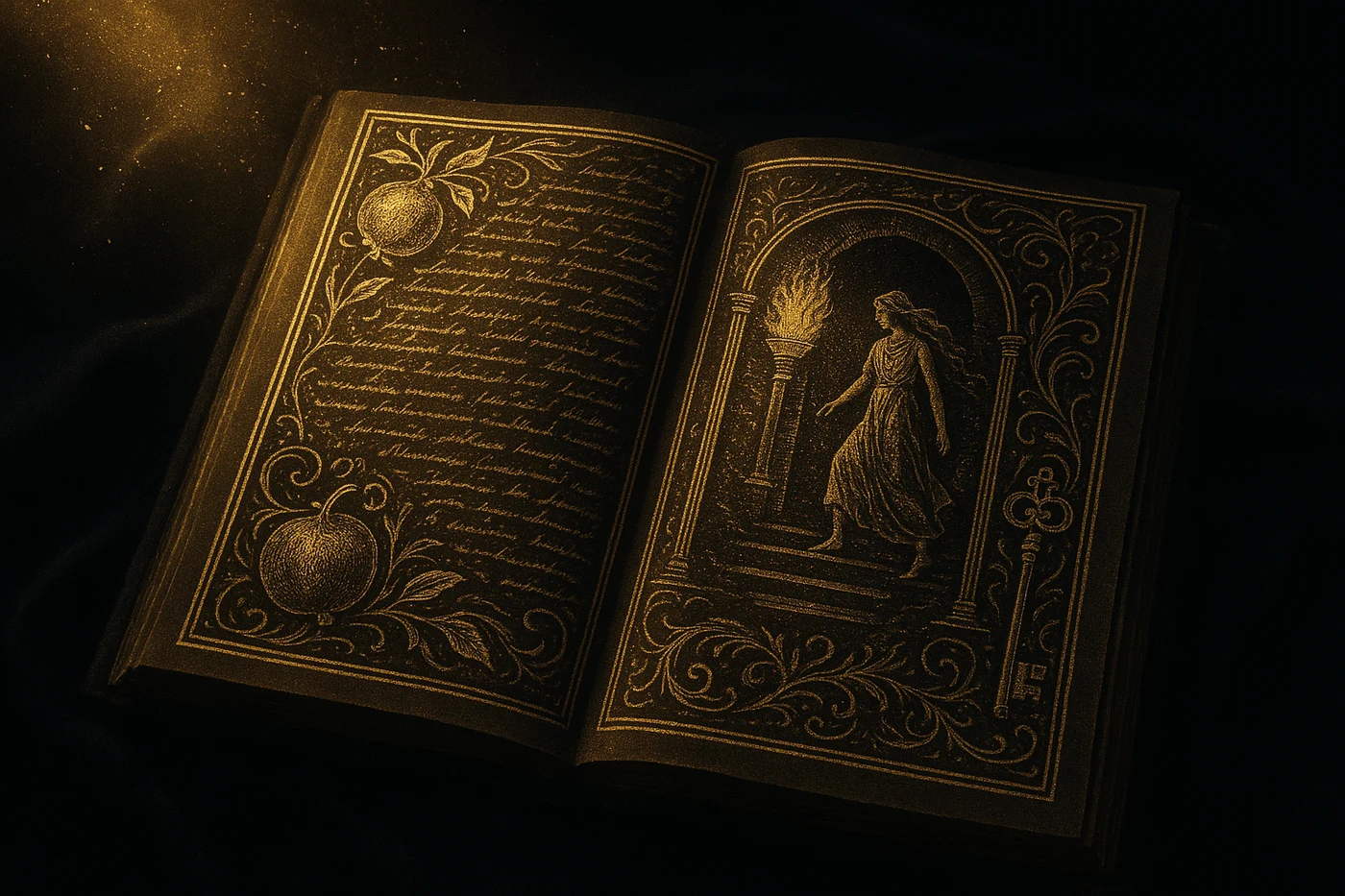 Açık antika illuminated manuscript, Persephone'nin inişi engraving, hikaye kütüphanesi