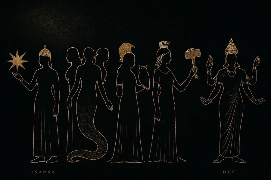 Yedi panteondan mitik figür siluetleri yan yana, gold-on-void engraving, tanrılar atlası