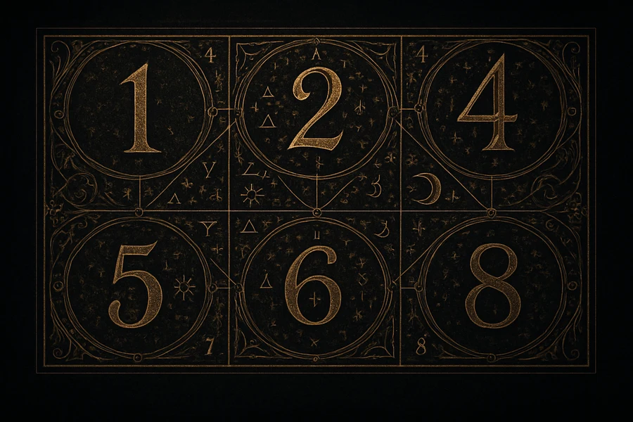 Sekiz numerolojik glifle bölünmüş illüminasyonlu alkimi tablosu