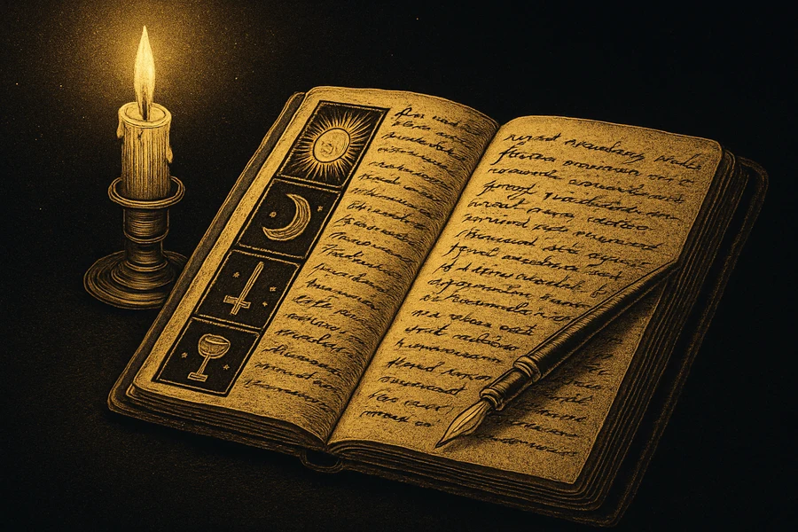 Antika deri kapaklı tarot defteri, el yazması notlar