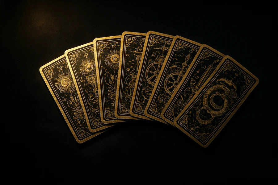 Yelpazelenmiş antika tarot kartları, 78 kart bilgi kütüphanesi