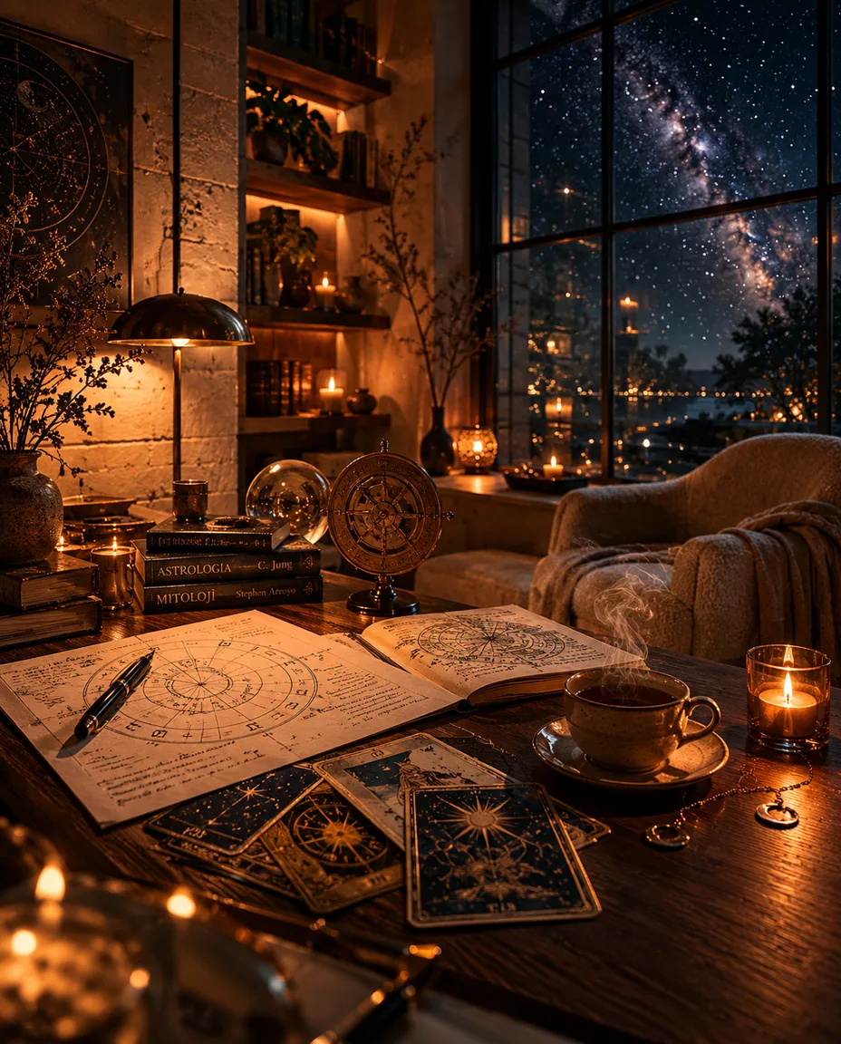 Kadim astronomun masası, açık yıldız kataloğu (zij), pirinç pergel ve usturlap, mum ışığında takımyıldız haritaları