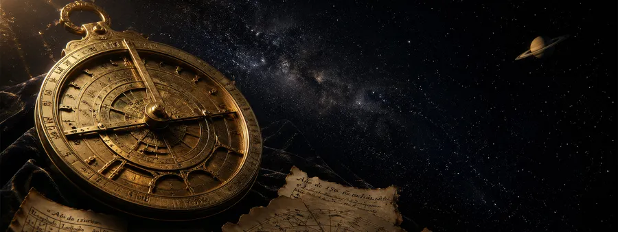 Antika pirinç astrolabe, Samanyolu ve Satürn arka planında, House of Zij astroloji bölümü