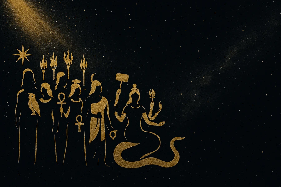 Antika gold-engraved mitik figür siluetleri ve sembolleri, House of Zij Mythos bölümü