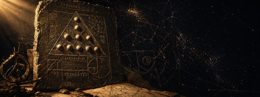 Pythagoras tetraktys taş tableti, kutsal geometri, House of Zij numeroloji bölümü