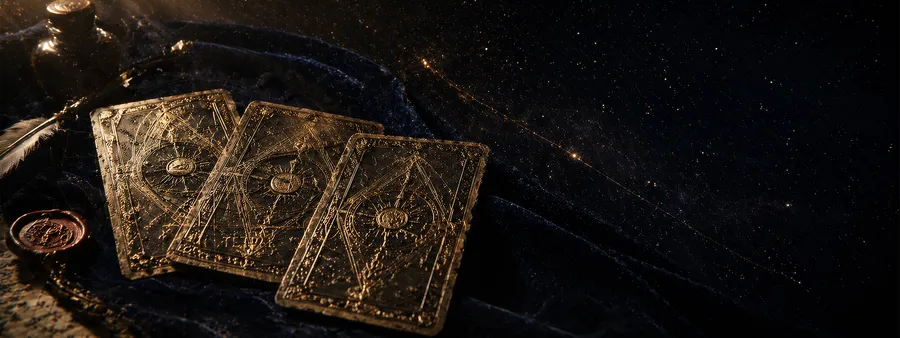 Üç antika tarot kartı kadife yüzeyde, altın yaldızlı sırtları, House of Zij tarot bölümü