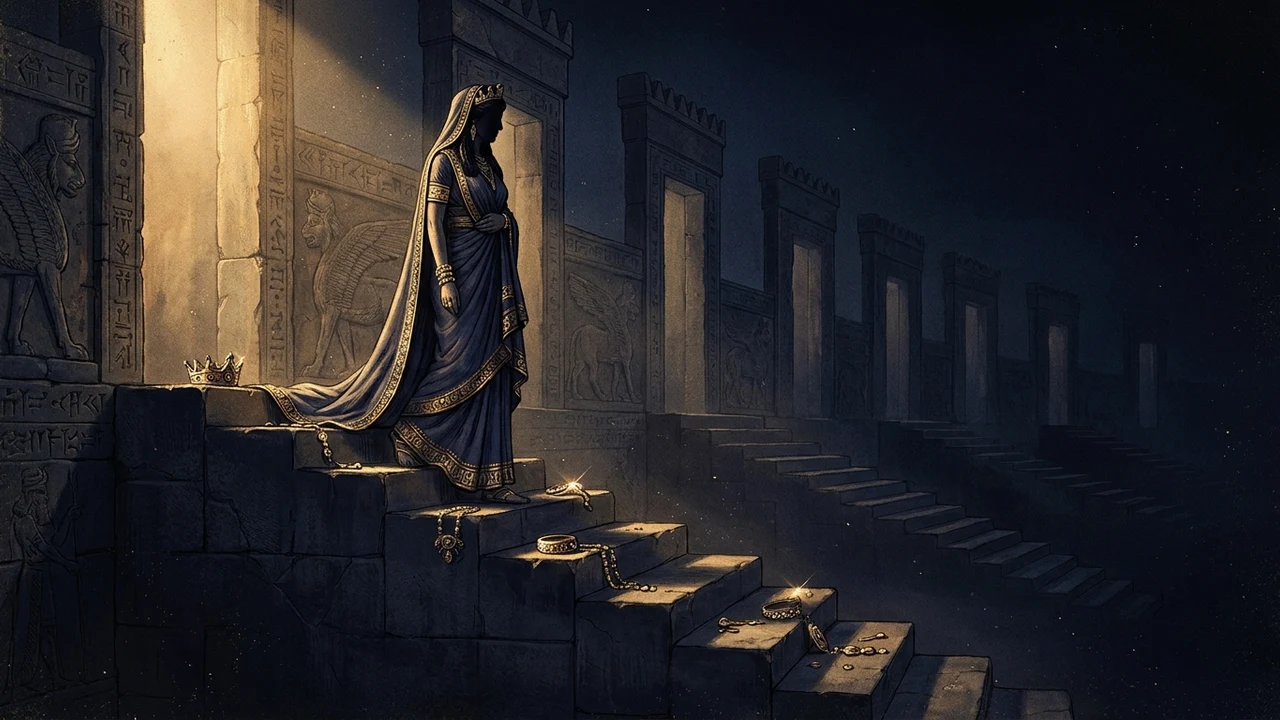 Inanna, taç ve mücevherler, yedi kapı, Sümer kabartması altın yaldız
