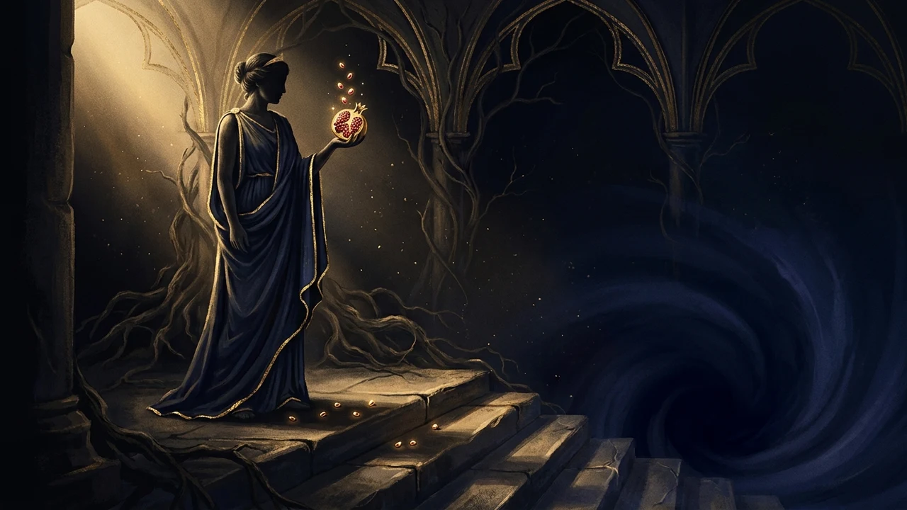 Persephone, nar tanesi, yer altı merdiveni, alkimik gravür